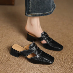 2026 Outside Summer Women Mules Genuine Leather Women Shoes Cover Toe Chunky Med Heel Slippers Concise Modern Slippers Sandals