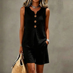 Summer Button Vest Drawstring Pocket Shorts Suit Women Casual Two Piece Set Solid Color Beach Holiday Outfits