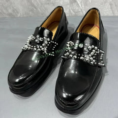 Luxury Crystal Decoration Genuine Leather Man Single Shoes Classic Round Toe Comfortable Slip On Male Wedding Black Formal Shoes