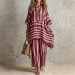 New Women's Two Piece Spring/summer Fashion V-Neck Loose Striped