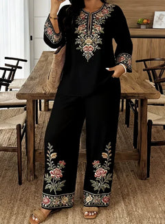 Two Piece Set Women Outfit 2026 Spring Autumn New Floral Print Round Neck Long Sleeve Loose Top & High Waist Casual Pants Set