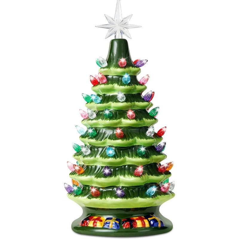 15 Inch Tabletop Prelit Ceramic Christmas Tree with 70 Multicolor Lights Hand-Painted Ceramic Tabletop Christmas Tree with Extra Clear Top Star for Xmas Holiday Indoor Decorations