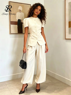 SINGREINY Women Pant Set Two Piece Sets Round Neck Short Sleeve Coats Tops+Wide Leg Long Pants Y2k Streetwear Elegant 2026 Suits