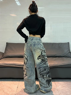 American-Style Vintage Washed Distressed Totem Print Loose Jeans, Street Fashion Trendy Versatile High-Waist Wide-Leg Pants For Women