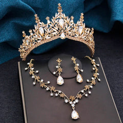 Baroque Wedding Crown for Bride 3-Pack Tiara Earrings Necklace Bridal