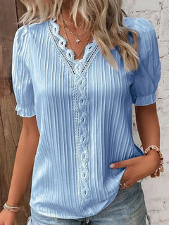 Plus Size Women's Shirt Blouse Yellow-green Violets White Plain Lace Short Sleeve Casual Basic V Neck Regular Pullover White Blo