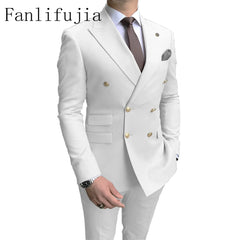 Fanlifujia Store Navy Men Party Tuxedos 2 Pieces Latest Peak Lapel Men Suits Gold Buttons Fashion Style Suits Double Breasted