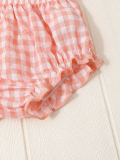 Newborn baby girl two-piece set: white cotton pleated sleeveless checkered top and matching triangular leggings