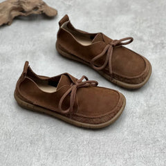 Johnature Handmade Genuine Leather Flats 2026 New Women Shoes Round Toe Shallow Soft Sole Loafers Retro Solid Color Shoes