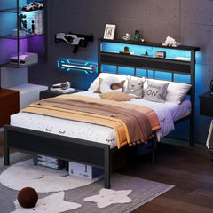 Full Bed Frame & Wood Storage Headboard,LED Light & Charging Station,2-Tier Shelves,Metal Platform,Bedroom,Full, Custom