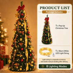 Pre Decorated Foldable Christmas Tree Artificial PVC Xmas Tree 5FT 6FT 7FT with Ornaments Space Saving Design LED Light Option