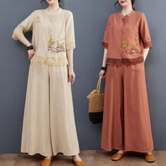Spring Summer Women Leisure Pants 2PCS Middle Aged Mother Cotton Linen Suit 2026 Female Embroidery Two-piece Set Large Size 5XL