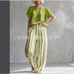 Fashion Linen Printed Striped Trousers Short-sleeved Women 2piece Set Summer New Retro Loose Wide-leg Trousers Female Casual Set