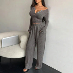 Button Up Crop Top & Wide Leg Pants Set, Women's Long Sleeve Matching Lounge Outfit Casual Fall Spring Tracksuits ﻿