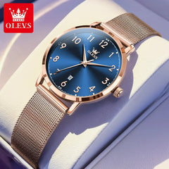 OLEVS 5653 Woman Watches Elegant Original Quartz Watch Waterproof Arabic Numerals Mesh Belt Date Ladies Watch Set Bracelet Watch