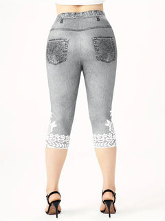 Plus Size Women's Imitation Denim Printed Tight Capri High Elasticity Knitted Fashion Casual Leggings