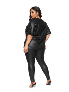 Women Summer Clothes Leather Outfit 2 Piece Set Short Sleeve Blouse Top and Stretchy Leggings Ladies Plus Size Pu Suits in Black