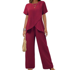 Casual Solid Suit Women Summer Fashion Round Neck Short Sleeve