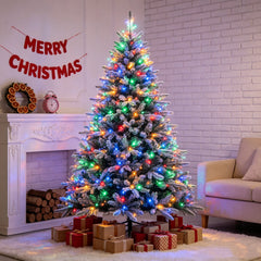 6FT Sliver Pre-Lit Artificial Christmas Tree Hinged Full Tree with Metal Stand 800 Branch Tips 300 LED Lights 11 Lighting Modes Holiday Decoration Tree for Indoor and Outdoor