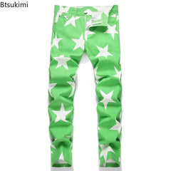 2026 New Fashion Men Clothing Stars Print Jeans Y2K Fancy Color Stretch Cotton Denim Pants Spring Trendy Slim Straight Trousers