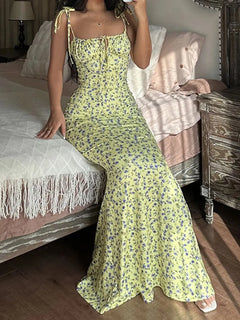 Summer Floral Midi Dress Women Spaghetti Strap Tie-Up V-Neck Split