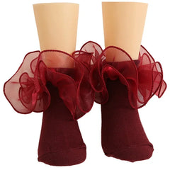 1 Pair Girls' Puffy Lace Socks Children's Combed Cotton Lace Socks