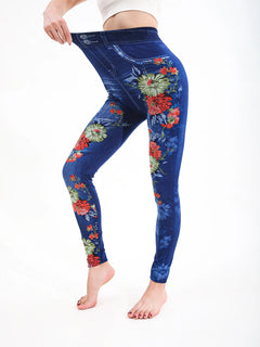 Autumn Winter 1PACK Women's Imitation Cowboy Chrysanthemum Pattern Sexy Tight Legging Casual Sports Elegant Fitness Yoga Pants
