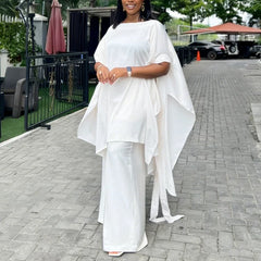 Two Piece Set Women O Neck Short Sleeve Loose Maxi Tops Wide Leg Pants Suit Fashion Elegant Simple Casual Africa Church Outfits