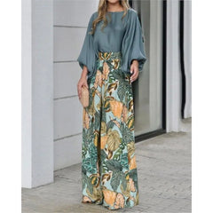 New Women's Clothing Set Lantern Sleeves Loose Top Printed Wide Leg Pants Two Piece Set Casual Ladies Trouser Outfit 2025 Summer