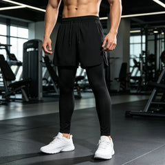 Men's 2-in-1 Sports Shorts, Training Tracksuit Set, Men's Running Jogger Pants for Marathon & Basketball Training