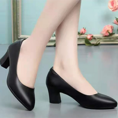 Women Cute Sweet Round Toe Black Pu Leather Spring Slip on Square Heel Shoes Zapatos De Mujer Lady Plus Size Office Pumps B37