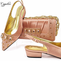 Peach Women Shoes And Bag Set Luxury  Ladies Sandals Match With Handbag Clutch Medium Heels Pumps Sandales Femmes MM1159