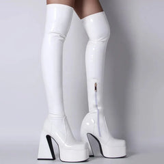 Women's Black Pyramids High Heels Thigh High Boots Sexy Platform White Over The Knee Party Shoes High Quality Big Size 43