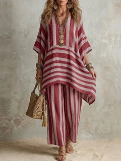 New Women's Two Piece Spring/summer Fashion V-Neck Loose Striped