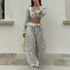Ruffled Trousers Short Tops Two-piece Set Spring Summer Women's Long-sleeved Waist Casual Fashion Trousers Set Костюм Женский