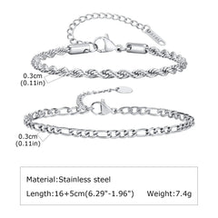 1/2/3pcs Chain Bracelet for, Stainless Steel Twisted Rope Cuban Chain