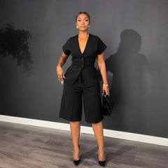 Two Pieces Women Pant Sets Solid Matching Sets Button V Neck Short Sleeves Coat Empire Waist Knee Length Pants Loose 2026 Autumn