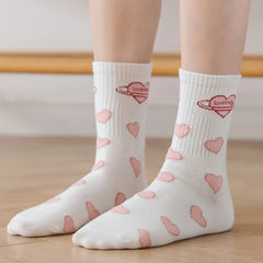 New Women Socks Cute Love With Heart Print Sock Cotton Harajuku Vintage Happy Female Dots Heart Kawaii Sox White Pink Crew Sock