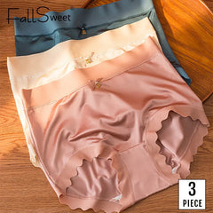 FallSweet 3Pcs Ice Silk Panties for Women Seamless High-Rise Briefs Plus Size Underwear Boyshort Sexy Lingerie for Everyday Wear