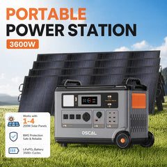 OSCAL PowerMax 3600SE Portable Power Station With 200W Solar Panel, 3600Wh LiFePO4 Battery, Solar Generator optional 200W Solar Panel, 3600W (Surge 7200W) Fast charging Home Backup Battery, Power Supply for Camping, RV
