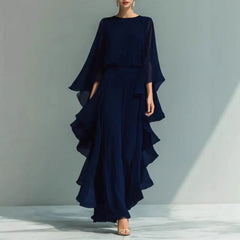 Women Top Pants Two-Piece Set Summer Loose Fit Casual Ruffle Bell Sleeve Shirt Solid Color Wide Legs Pants Trousers