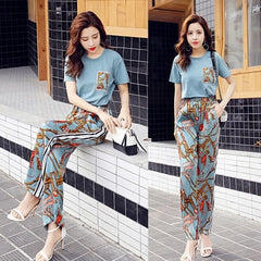 Women Suit 2025 Summer New Korean Style Short Sleeve Tops Fashion Wide Leg Pants 2 Two Piece Set Casual Plus Size Female Outfits