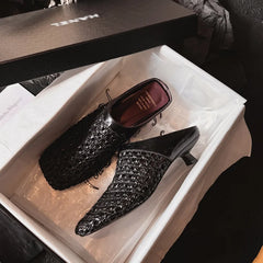 2026 Women Slippers Square Toe Med Heel Women Shoes Roman Black Women Sandals Gladiator Handmade Ladies Modern Slippers
