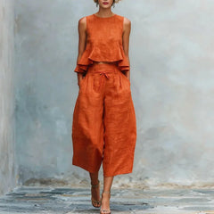 Spring Summer Vacation Outfits Woman 2026 Elegant O Neck Sleeveless Tank Top And Wide Leg Trousers Suit Casual Ruffle Loose Sets