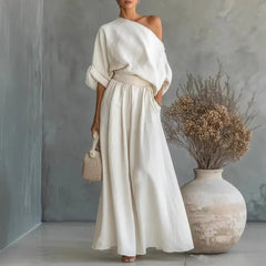 Elegant Two-Piece Short Sleeve Top & Casual Pants Set Woman Sexy Slash