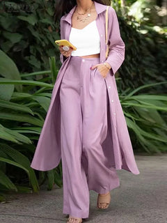 ZANZEA Fashion Autumn Long Sleeve Shirt 2PCS Women Suits Matching Sets Solid Loose Pant Sets Casual Wide Leg Trousers Oversized