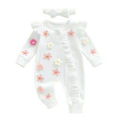 Citgeett Autumn Infant Baby Girl Fall Outfits Long Sleeve Flower Ruffle Jumpsuit Zipper Jumpsuit Headband Clothes Set