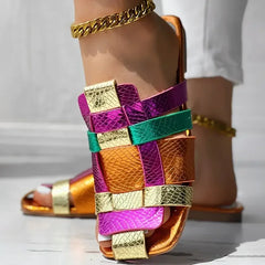 Summer Colorful Fashionable Sexy Casual Soft Luxurious Square Toe Hollow Roman Flat Shoes Model Vacation Comfortable Slippers