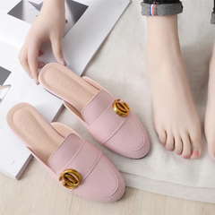 Lady Gold Metal Slides Round Toe Microfiber Soft Bottom For Tender Feet Wide Fits Beige Pink Fashionable Shoes For Summer 44-33