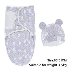 Baby Blanket Hat Set Cartoon Printed Cotton Newborn Swaddle Adjustable
